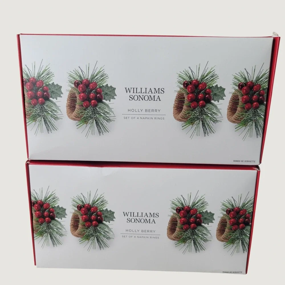 Williams Sonoma Holly Berry Napkin Rings Set of 8 Christmas Holiday Jute NEW
